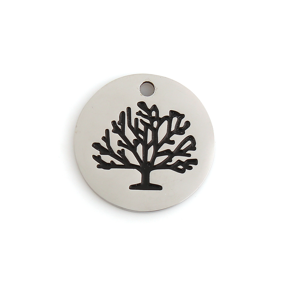 Picture of 201 Stainless Steel Charms Round Disc Silver Tone Black Tree 18mm( 6/8") Dia., 3 PCs