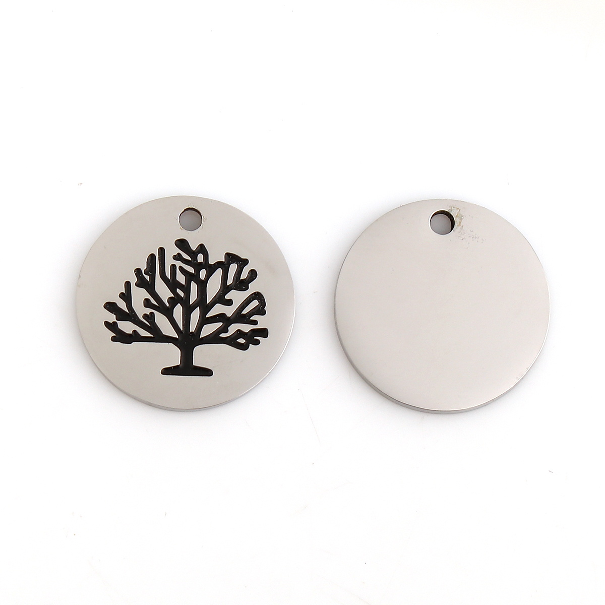 Picture of 201 Stainless Steel Charms Round Disc Silver Tone Black Tree 18mm( 6/8") Dia., 3 PCs