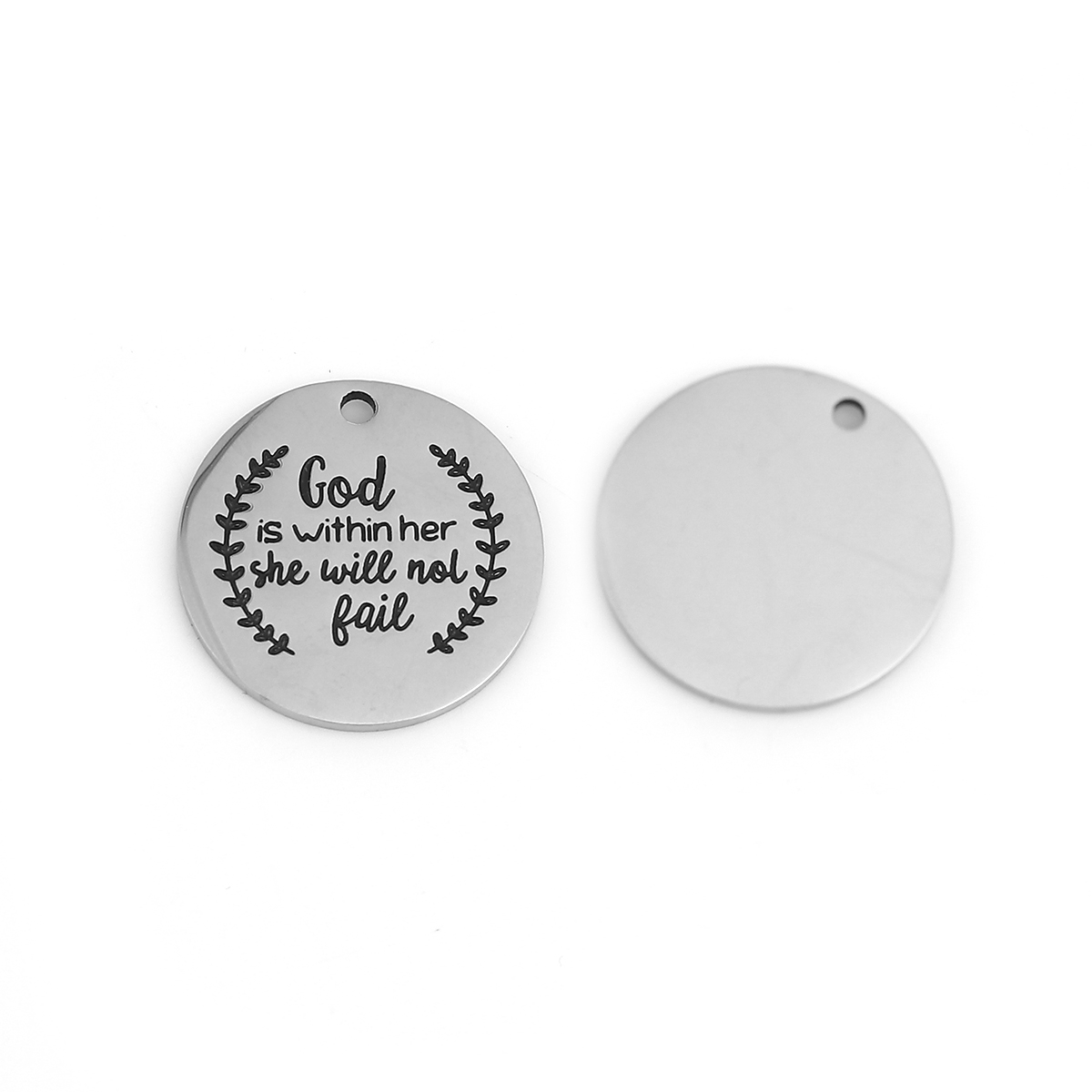 Picture of 201 Stainless Steel Charms Round Disc Silver Tone Message 22mm( 7/8") Dia., 2 PCs
