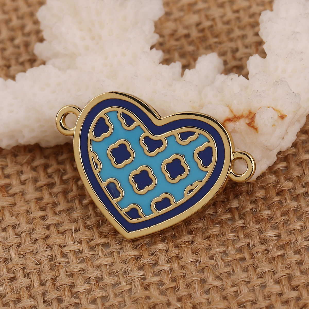 Picture of Brass Cloisonne Connectors Heart Gold Plated Lake Blue Flower Enamel 28mm(1 1/8") x 18mm( 6/8"), 2 PCs