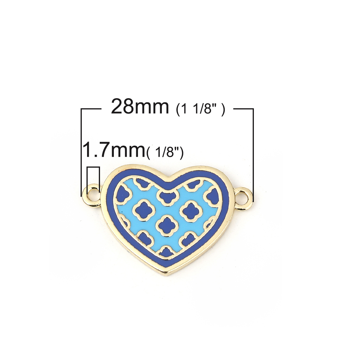 Picture of Brass Cloisonne Connectors Heart Gold Plated Lake Blue Flower Enamel 28mm(1 1/8") x 18mm( 6/8"), 2 PCs