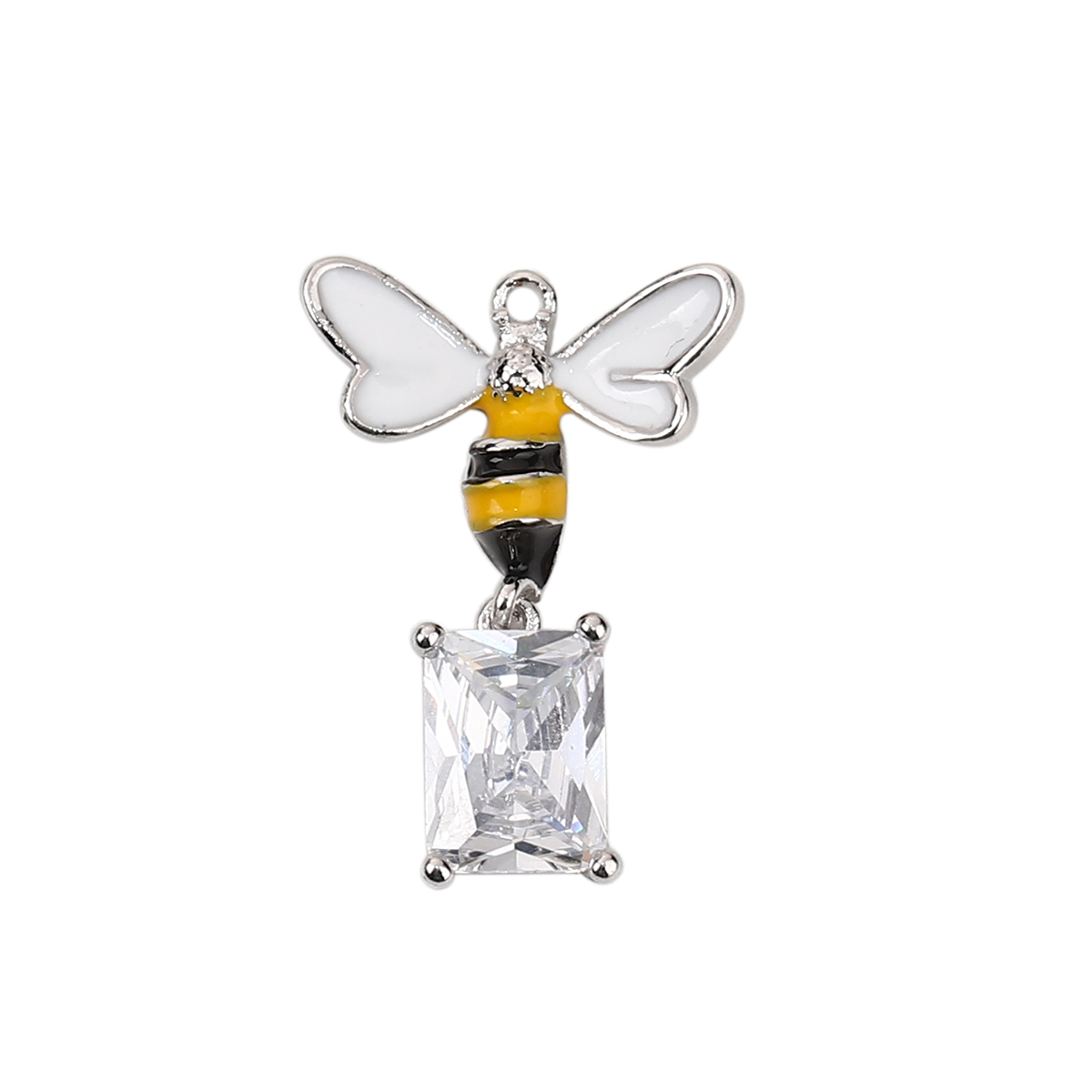 Picture of Brass Charms Bee Animal Real Platinum Plated Transparent Clear Acrylic Rectangle Enamel 21mm( 7/8") x 15mm( 5/8"), 2 PCs