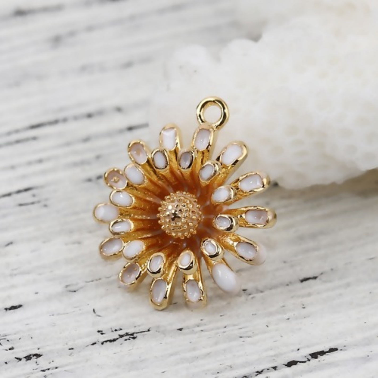 Picture of Brass Charms Daisy Flower 18K Real Gold Plated White Enamel 14mm( 4/8") x 12mm( 4/8"), 2 PCs