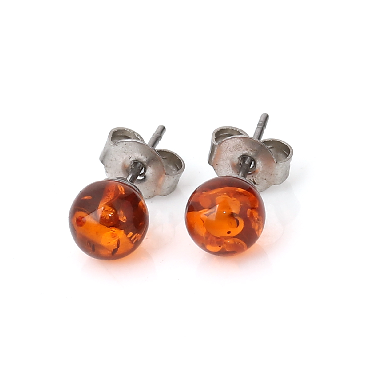 Picture of 316 Stainless Steel Ear Post Stud Earrings Silver Tone Brown Red Synthetic Agate Ball Transparent 6mm( 2/8") Dia., Post/ Wire Size: (21 gauge), 1 Pair”