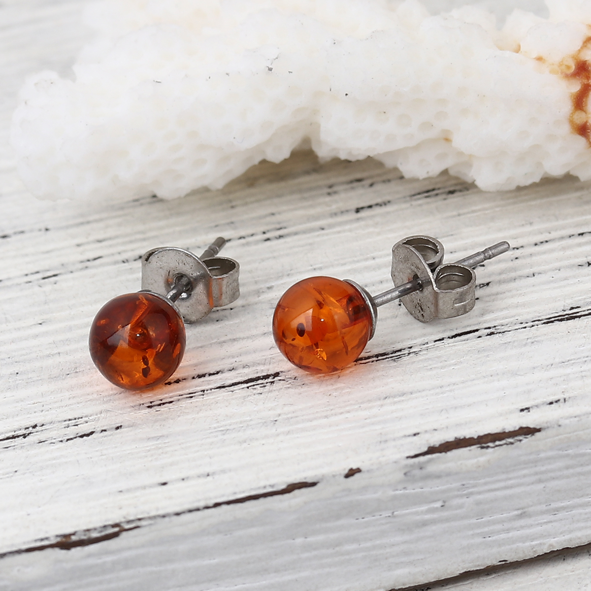 Picture of 316 Stainless Steel Ear Post Stud Earrings Silver Tone Brown Red Synthetic Agate Ball Transparent 6mm( 2/8") Dia., Post/ Wire Size: (21 gauge), 1 Pair”