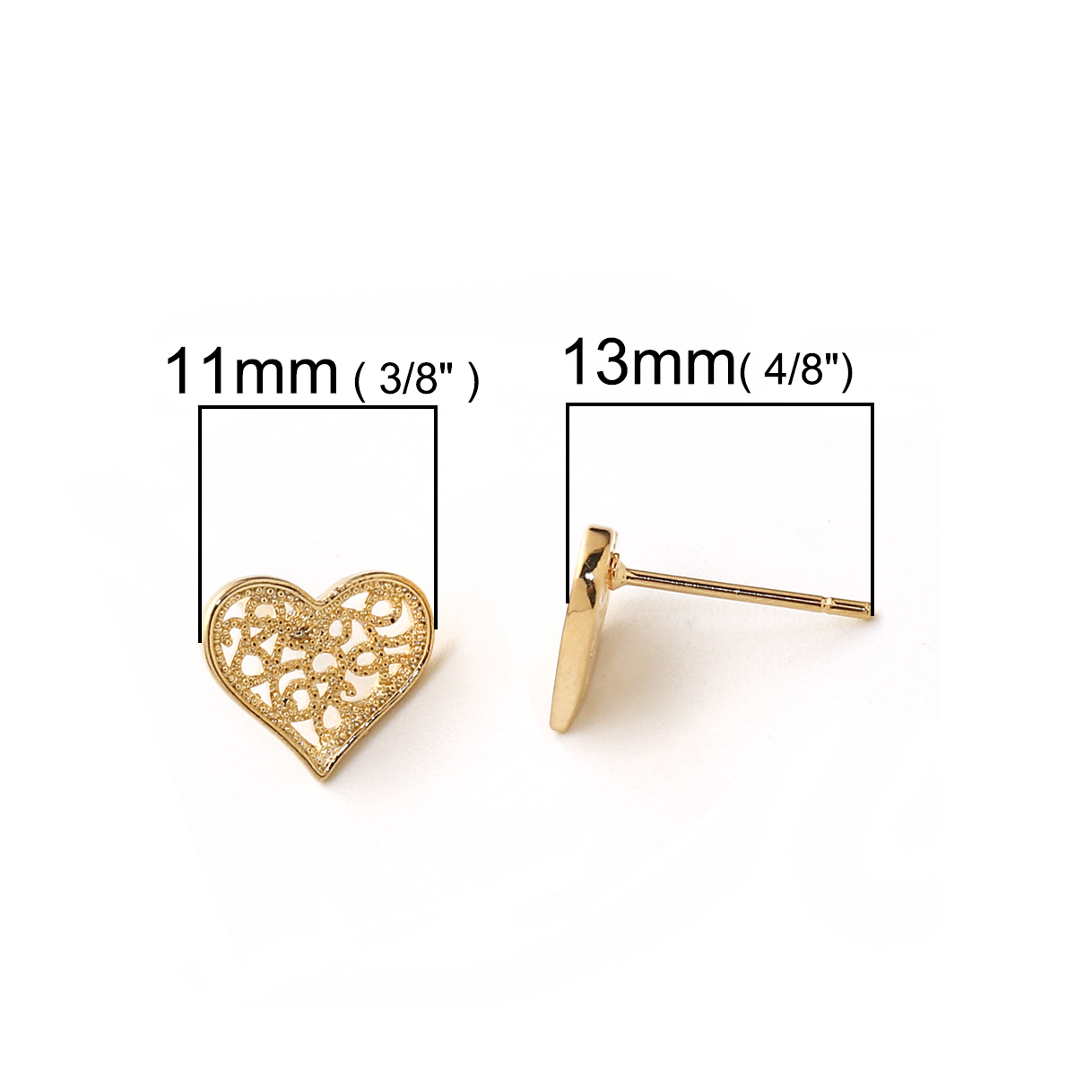 Immagine di Ottone Orecchini a Perno Vero Oro Placcato Cuore 11mm x 9mm, Dimensione di Posta / Cavo: (20 misura), 4 Pz