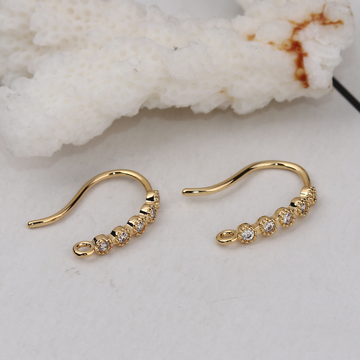 Picture of Brass Ear Wire Hooks Earring Findings 18K Real Gold Plated W/ Loop Clear Rhinestone 15mm( 5/8") x 2mm( 1/8"), Post/ Wire Size: (20 gauge), 4 PCs