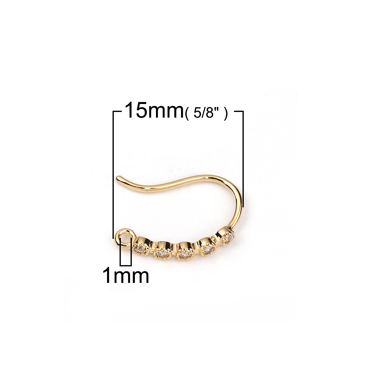 Picture of Brass Ear Wire Hooks Earring Findings 18K Real Gold Plated W/ Loop Clear Rhinestone 15mm( 5/8") x 2mm( 1/8"), Post/ Wire Size: (20 gauge), 4 PCs