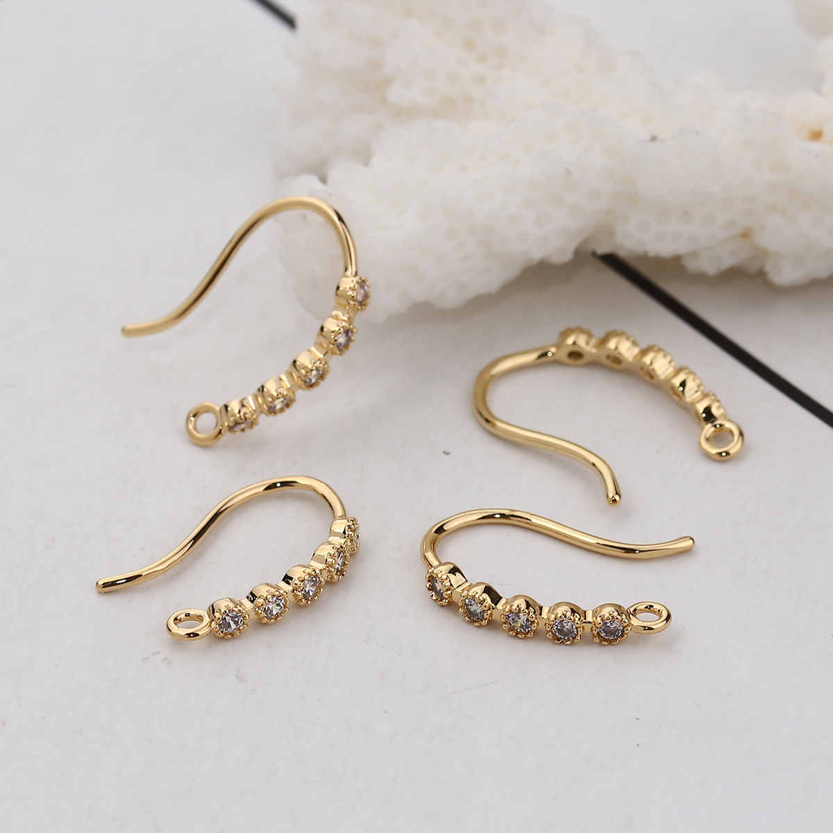 Picture of Brass Ear Wire Hooks Earring Findings 18K Real Gold Plated W/ Loop Clear Rhinestone 15mm( 5/8") x 2mm( 1/8"), Post/ Wire Size: (20 gauge), 4 PCs