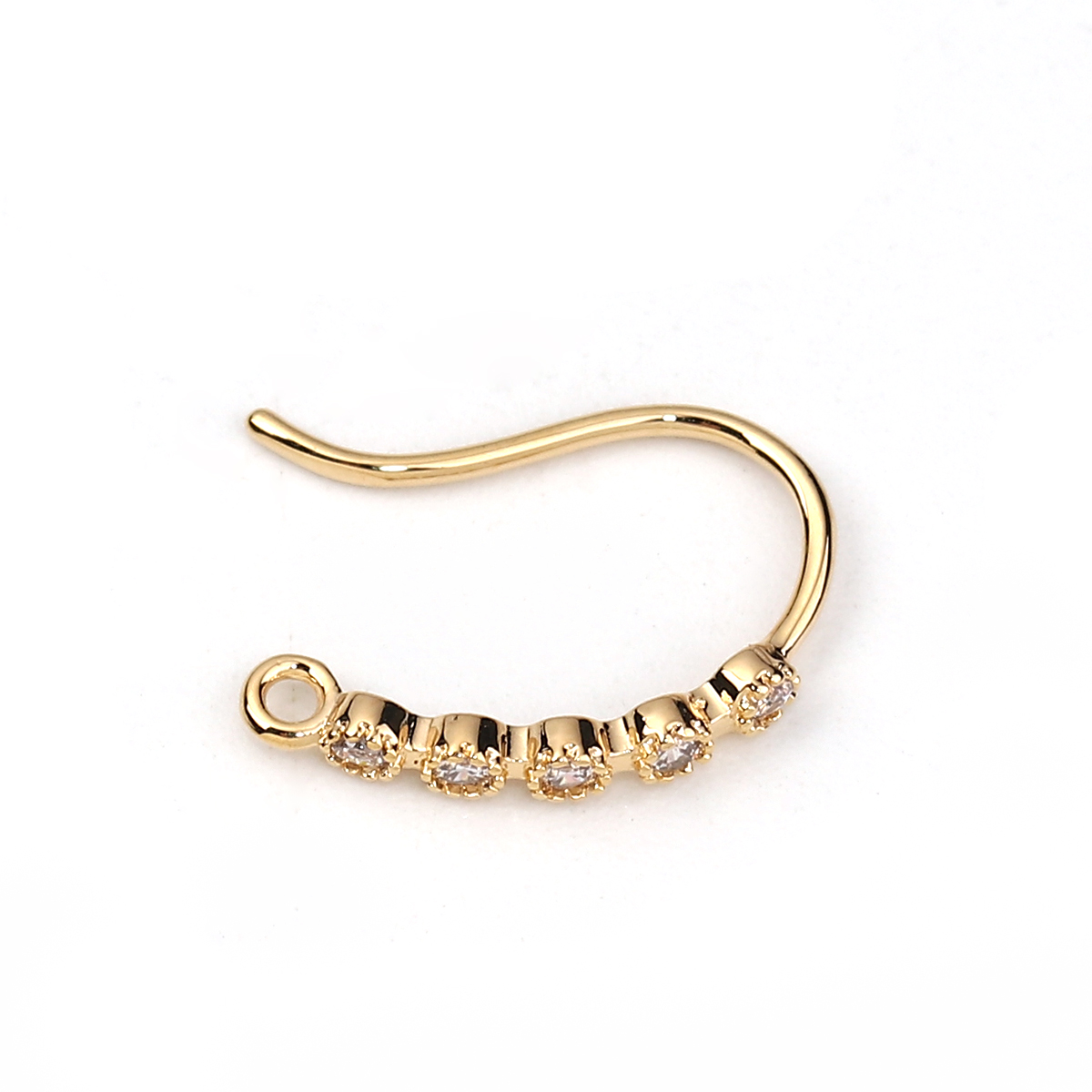 Picture of Brass Ear Wire Hooks Earring Findings 18K Real Gold Plated W/ Loop Clear Rhinestone 15mm( 5/8") x 2mm( 1/8"), Post/ Wire Size: (20 gauge), 4 PCs