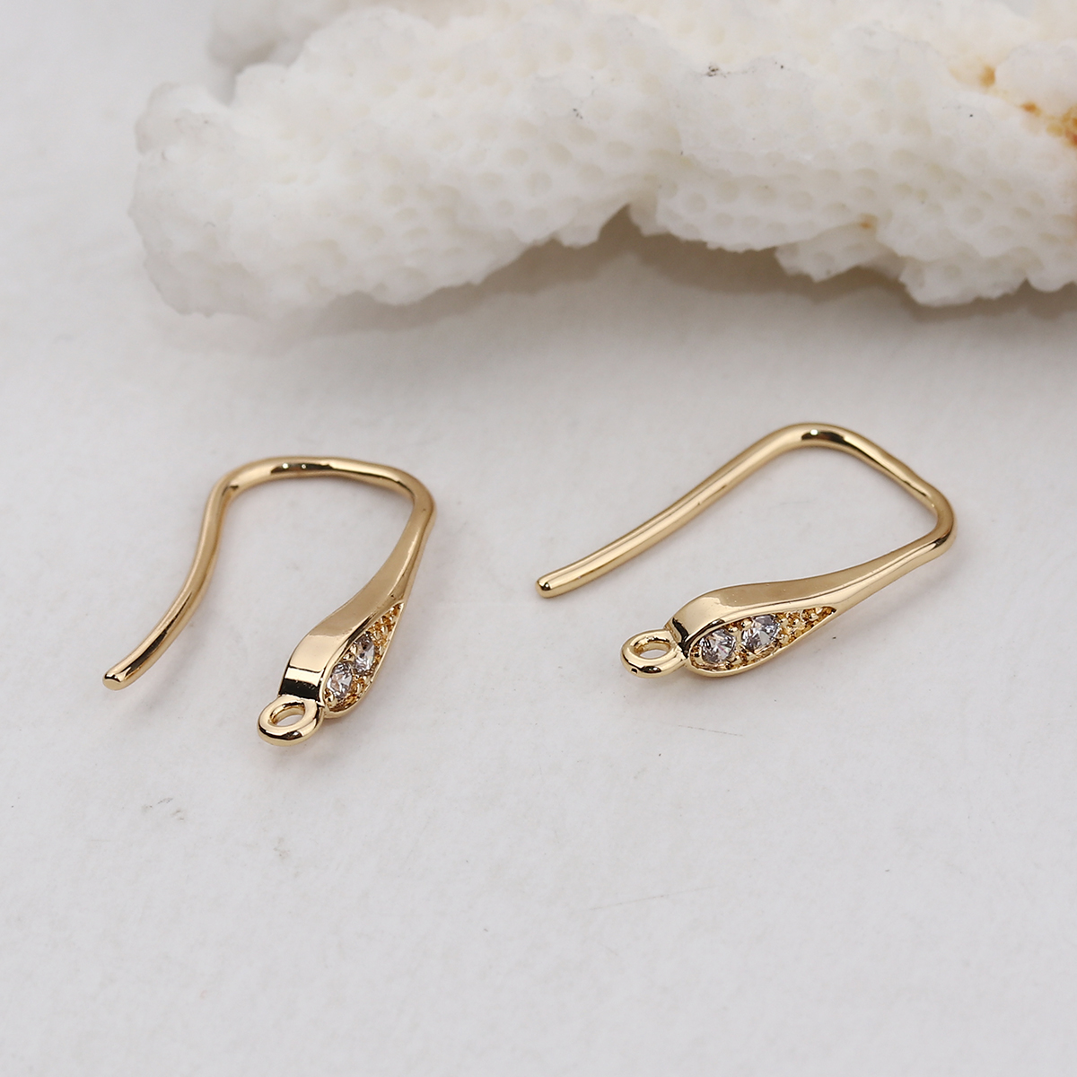Picture of Brass Ear Wire Hooks Earring Findings 18K Real Gold Plated W/ Loop Clear Rhinestone 17mm( 5/8") x 3mm( 1/8"), Post/ Wire Size: (19 gauge), 2 PCs