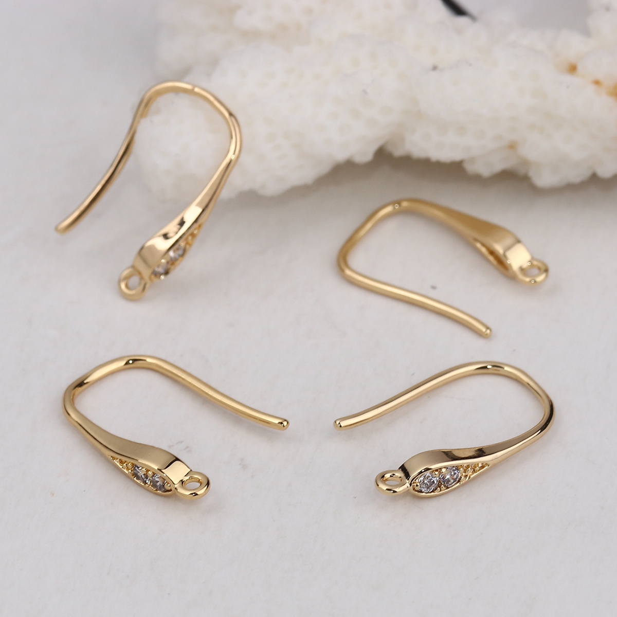 Picture of Brass Ear Wire Hooks Earring Findings 18K Real Gold Plated W/ Loop Clear Rhinestone 17mm( 5/8") x 3mm( 1/8"), Post/ Wire Size: (19 gauge), 2 PCs