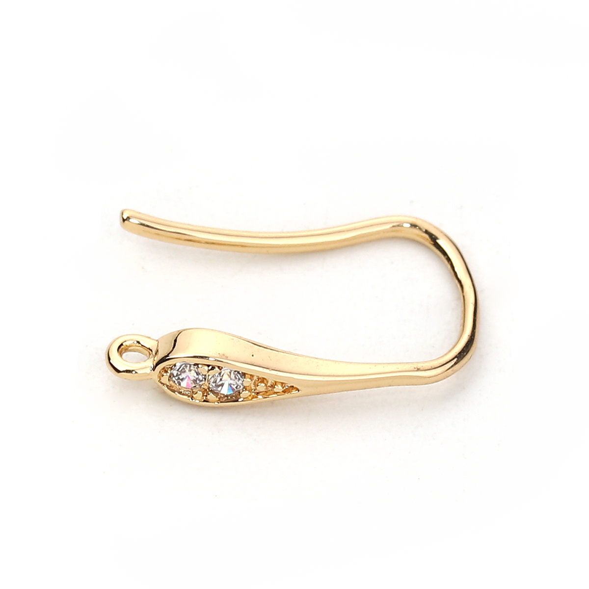 Picture of Brass Ear Wire Hooks Earring Findings 18K Real Gold Plated W/ Loop Clear Rhinestone 17mm( 5/8") x 3mm( 1/8"), Post/ Wire Size: (19 gauge), 2 PCs
