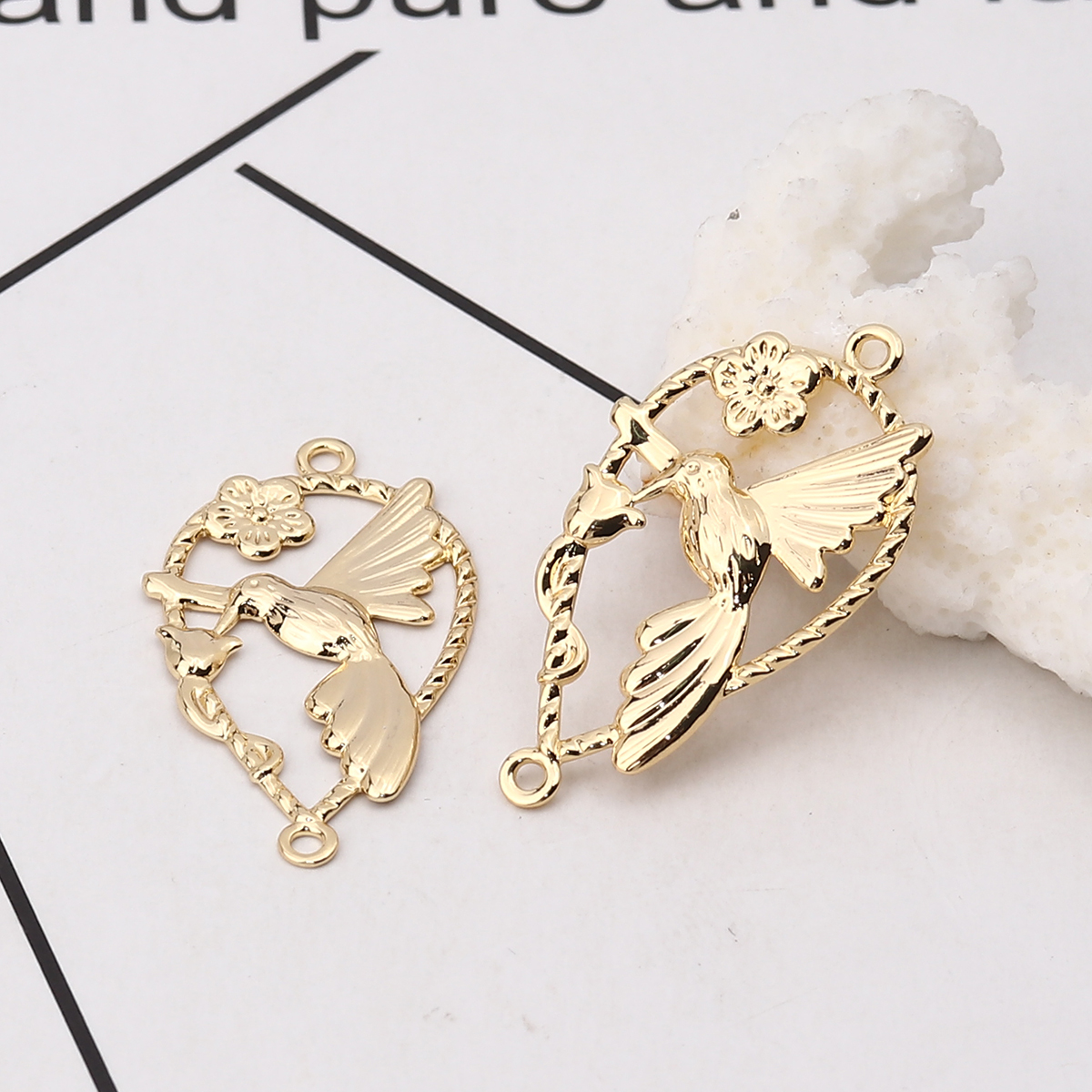 Image de Connecteurs en Laiton Oiseau-Mouche Plaqué Or Véritable Goutte d'Eau 33mm x 19mm, 10 Pcs