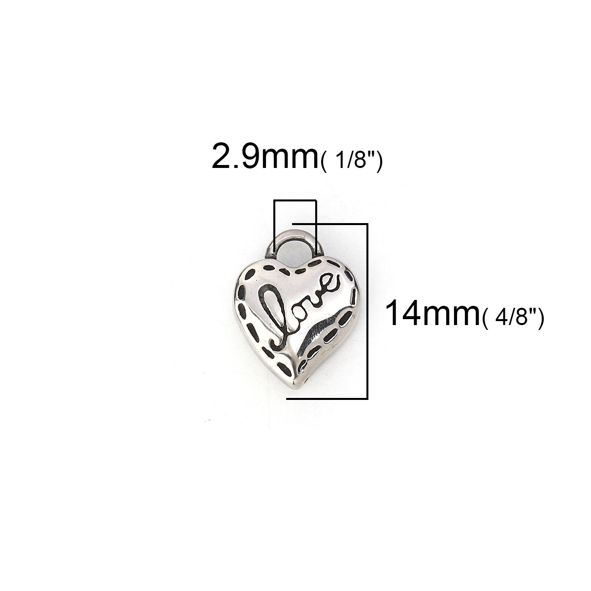 Picture of 304 Stainless Steel Casting Charms Heart Antique Silver Color Message " LOVE " 14mm x 11mm, 2 PCs
