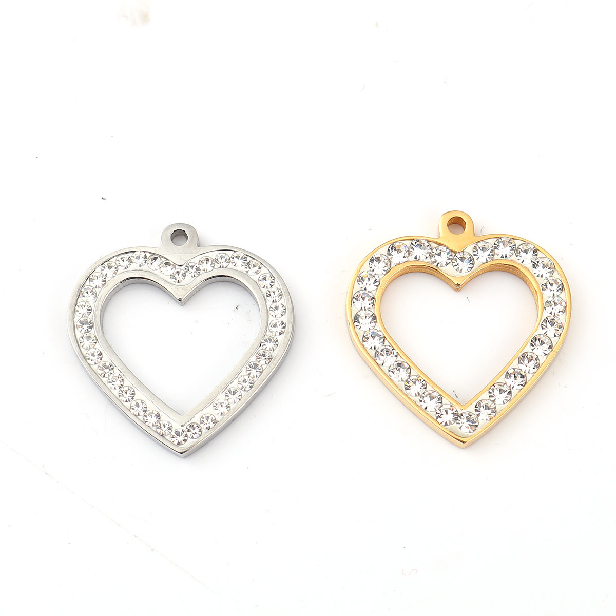 Picture of 316L Stainless Steel Valentine's Day Charms 18K Gold Plated Heart Clear Rhinestone 21mm x 20mm, 1 Piece