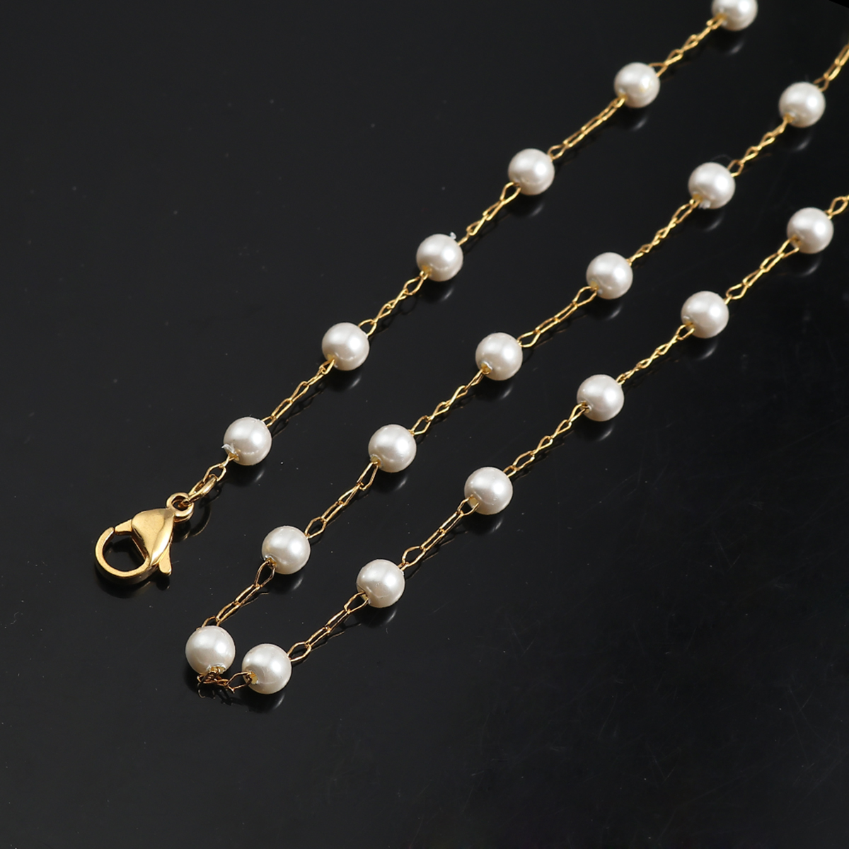 Immagine di 1 Pz Placcatura Sottovuoto 304 Acciaio Inossidabile Catena Collana Oro Placcato Bianco Perla Imitato Acrilico 74cm Lunghezza, Dimensione della Catena 5mm