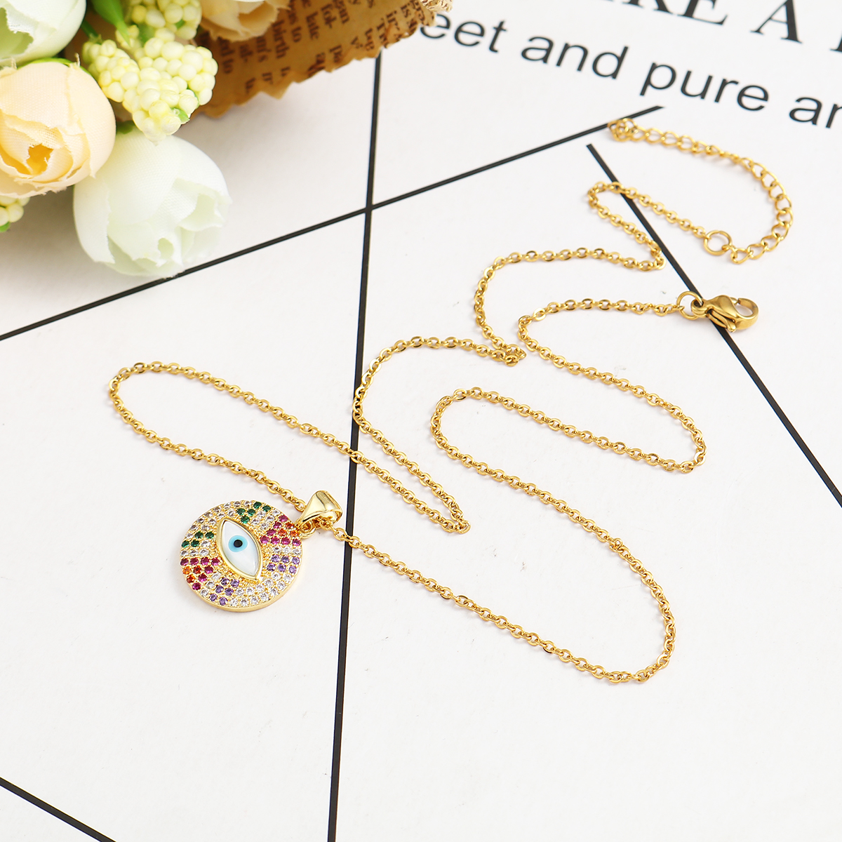 Picture of 316 Stainless Steel Micro Pave Necklace Gold Plated Round Eye Multicolour Cubic Zirconia 45cm(17 6/8") long, 1 Piece”