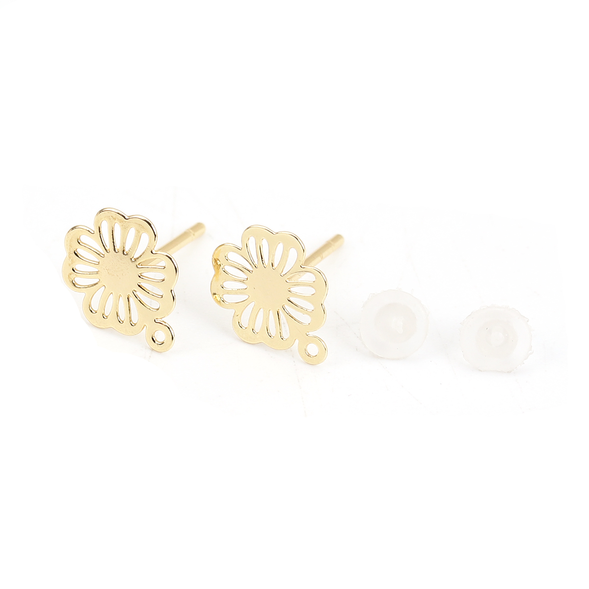 Picture of Brass Ear Post Stud Earrings 18K Real Gold Plated Flower W/ Loop 9mm( 3/8") x 7mm( 2/8"), Post/ Wire Size: (20 gauge), 4 PCs
