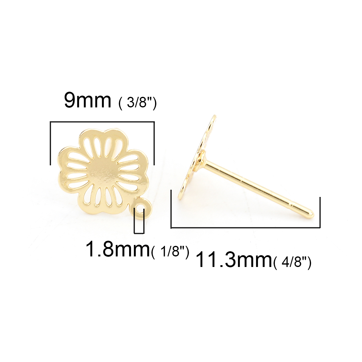 Picture of Brass Ear Post Stud Earrings 18K Real Gold Plated Flower W/ Loop 9mm( 3/8") x 7mm( 2/8"), Post/ Wire Size: (20 gauge), 4 PCs