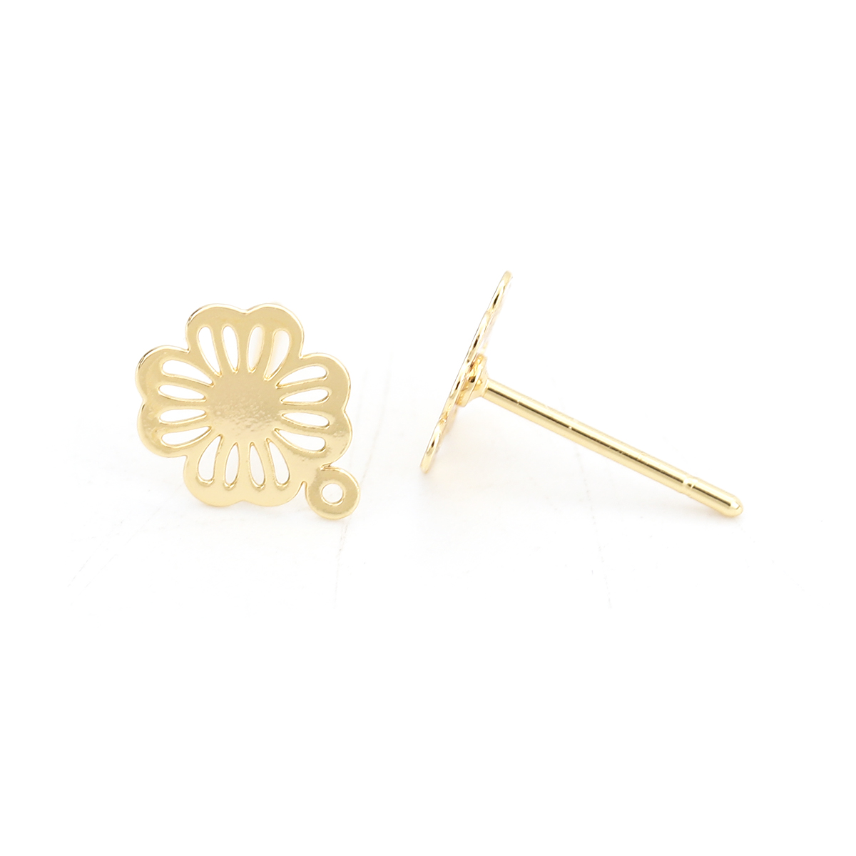Picture of Brass Ear Post Stud Earrings 18K Real Gold Plated Flower W/ Loop 9mm( 3/8") x 7mm( 2/8"), Post/ Wire Size: (20 gauge), 4 PCs