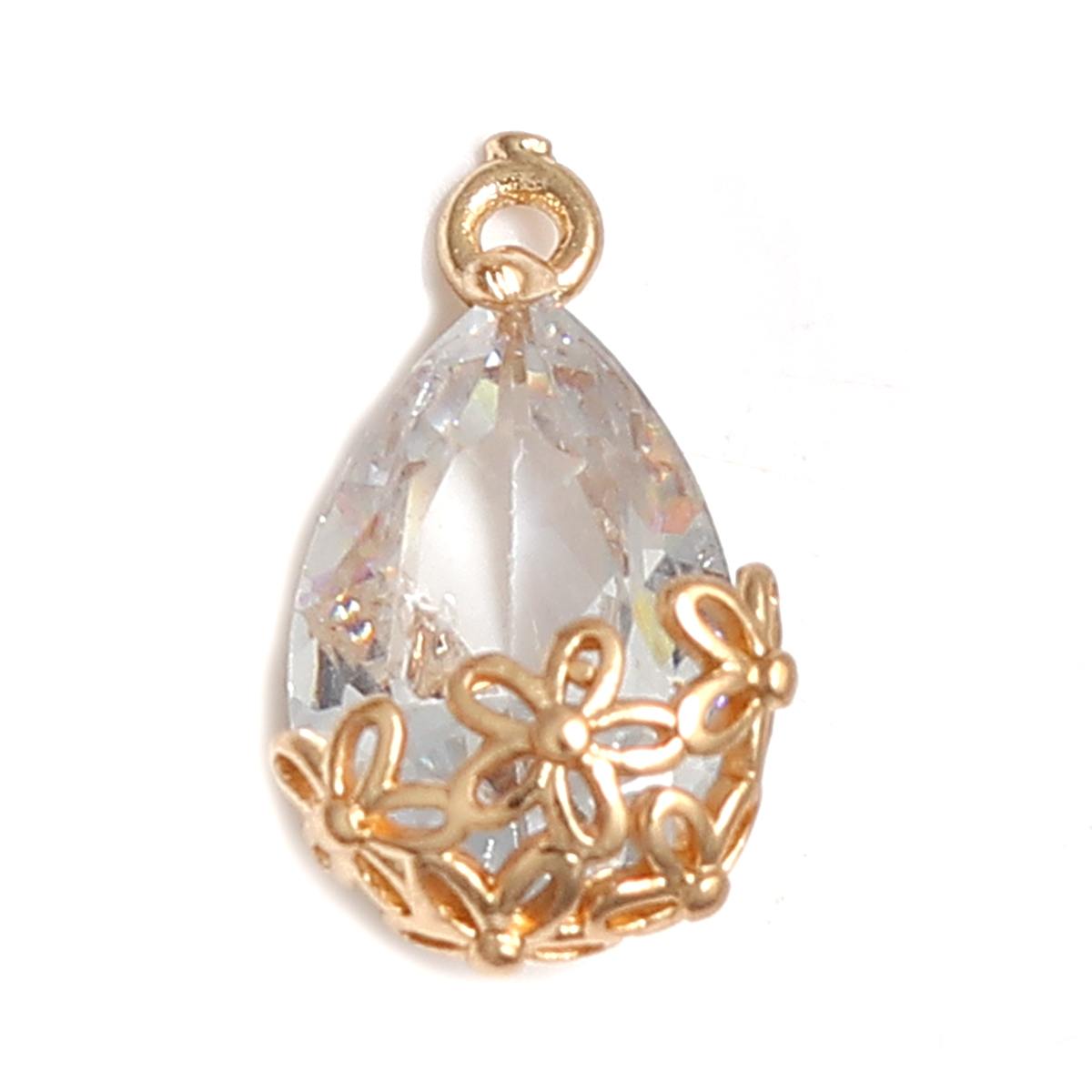 Picture of Brass & Cubic Zirconia Charms Drop Gold Plated Transparent Clear Flower 16mm x 9mm, 5 PCs