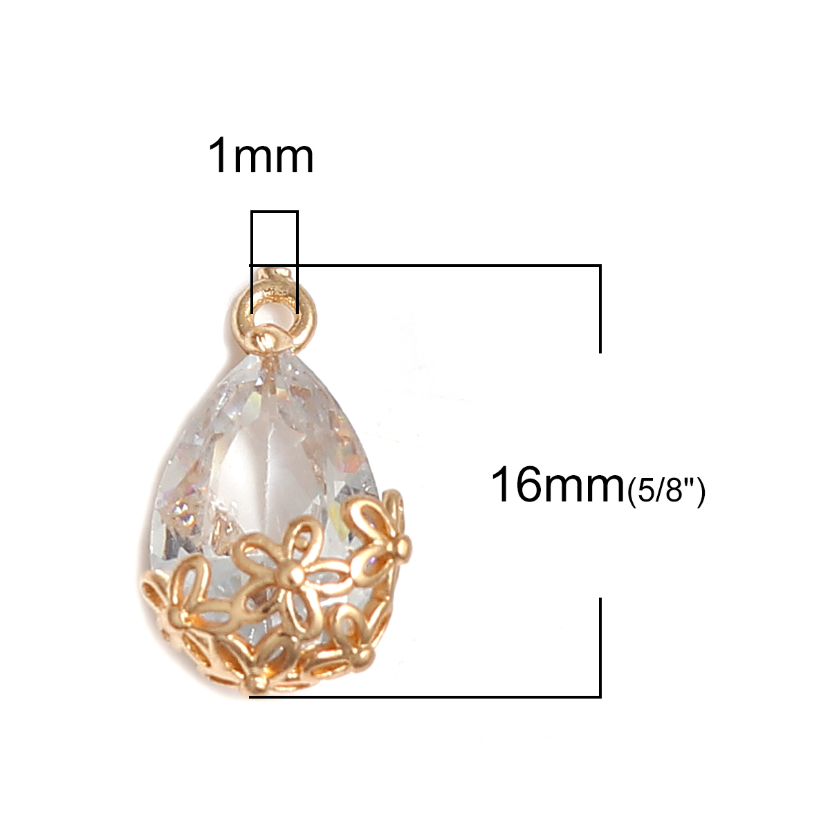 Picture of Brass & Cubic Zirconia Charms Drop Gold Plated Transparent Clear Flower 16mm x 9mm, 5 PCs