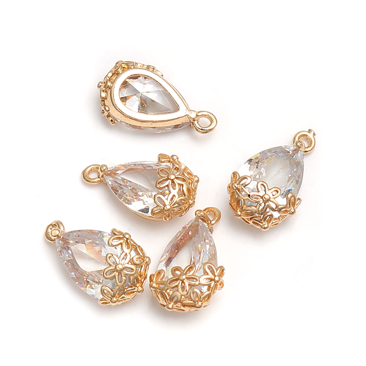 Picture of Brass & Cubic Zirconia Charms Drop Gold Plated Transparent Clear Flower 16mm x 9mm, 5 PCs