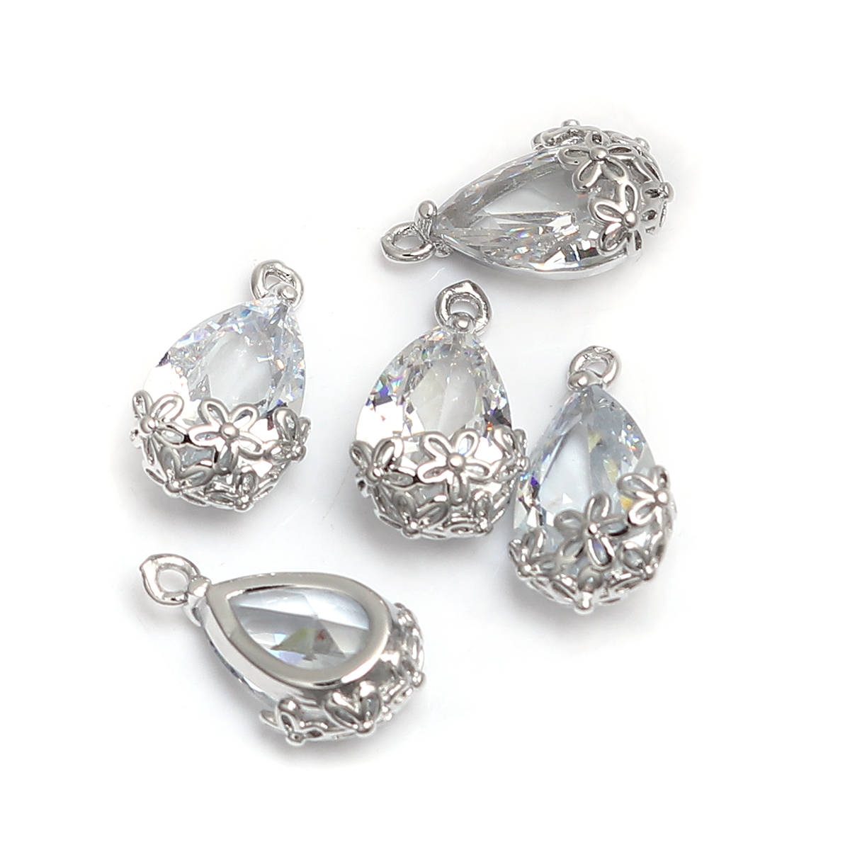 Imagen de Latón+ Circón Artificial Colgantes Charms Gota Tono de Plata Transparente Flor 16mm x 9mm, 5 Unidades