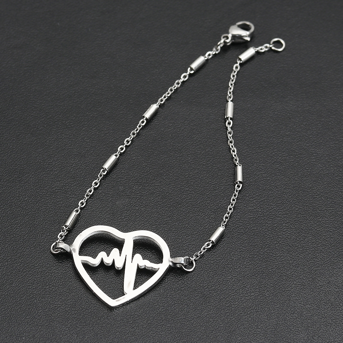 Imagen de 304 Acero Inoxidable Pulseras Tono de Plata Corazón Heartbeat/ Electrocardiogram 18.5cm longitud, 1 Unidad