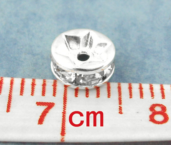 Picture of Brass Rondelle Spacer Beads Round Silver Plated Clear Rhinestone About 6mm( 2/8") Dia, Hole:Approx 1.5mm, 30 PCs