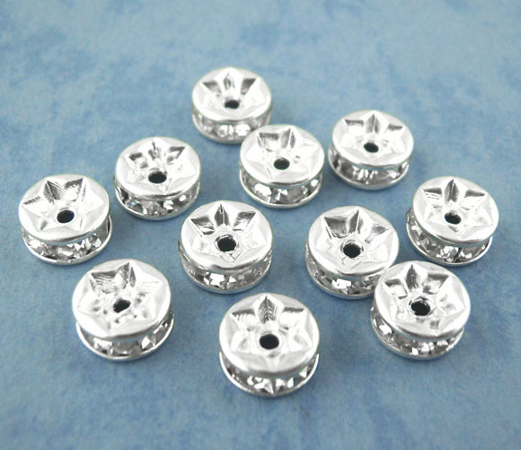 Picture of Brass Rondelle Spacer Beads Round Silver Plated Clear Rhinestone About 6mm( 2/8") Dia, Hole:Approx 1.5mm, 30 PCs