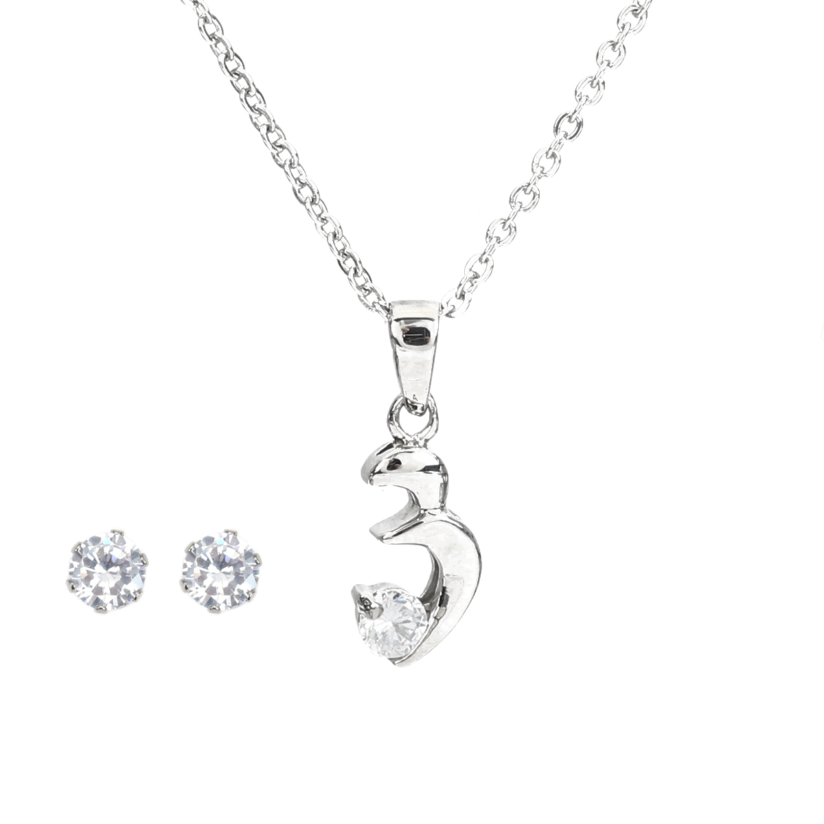Picture of 304 Stainless Steel Jewelry Necklace Earrings Set Silver Tone 3 shape Clear Cubic Zirconia 44.8cm(17 5/8") long, 5mm( 2/8") Dia., Post/ Wire Size: (20 gauge), 1 Set