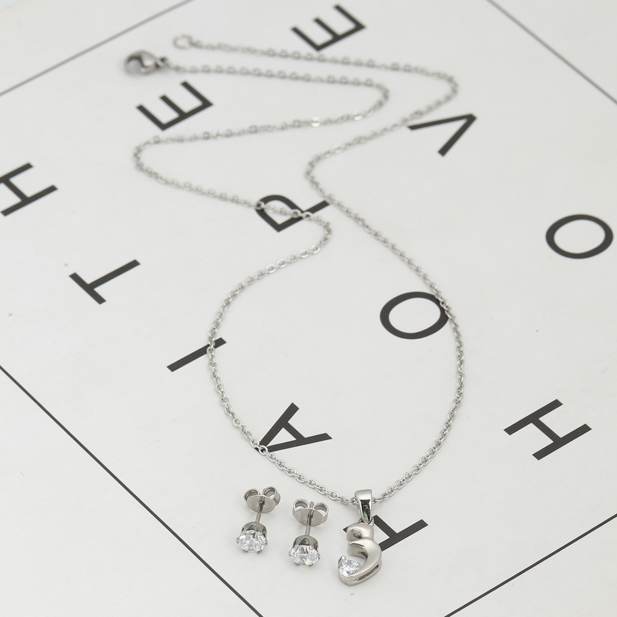 Picture of 304 Stainless Steel Jewelry Necklace Earrings Set Silver Tone 3 shape Clear Cubic Zirconia 44.8cm(17 5/8") long, 5mm( 2/8") Dia., Post/ Wire Size: (20 gauge), 1 Set