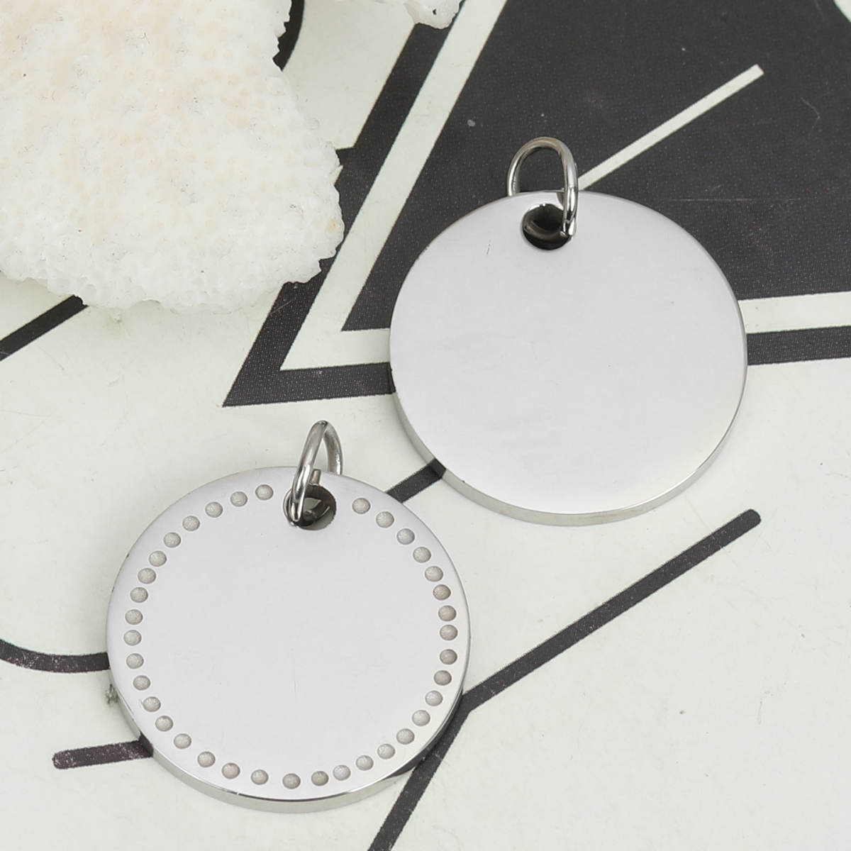 Bild von Edelstahl Leere Stempeletiketten Charms Rund Silberfarbe Doppelseitiges Polieren 24mm x 20mm, 2 Stück
