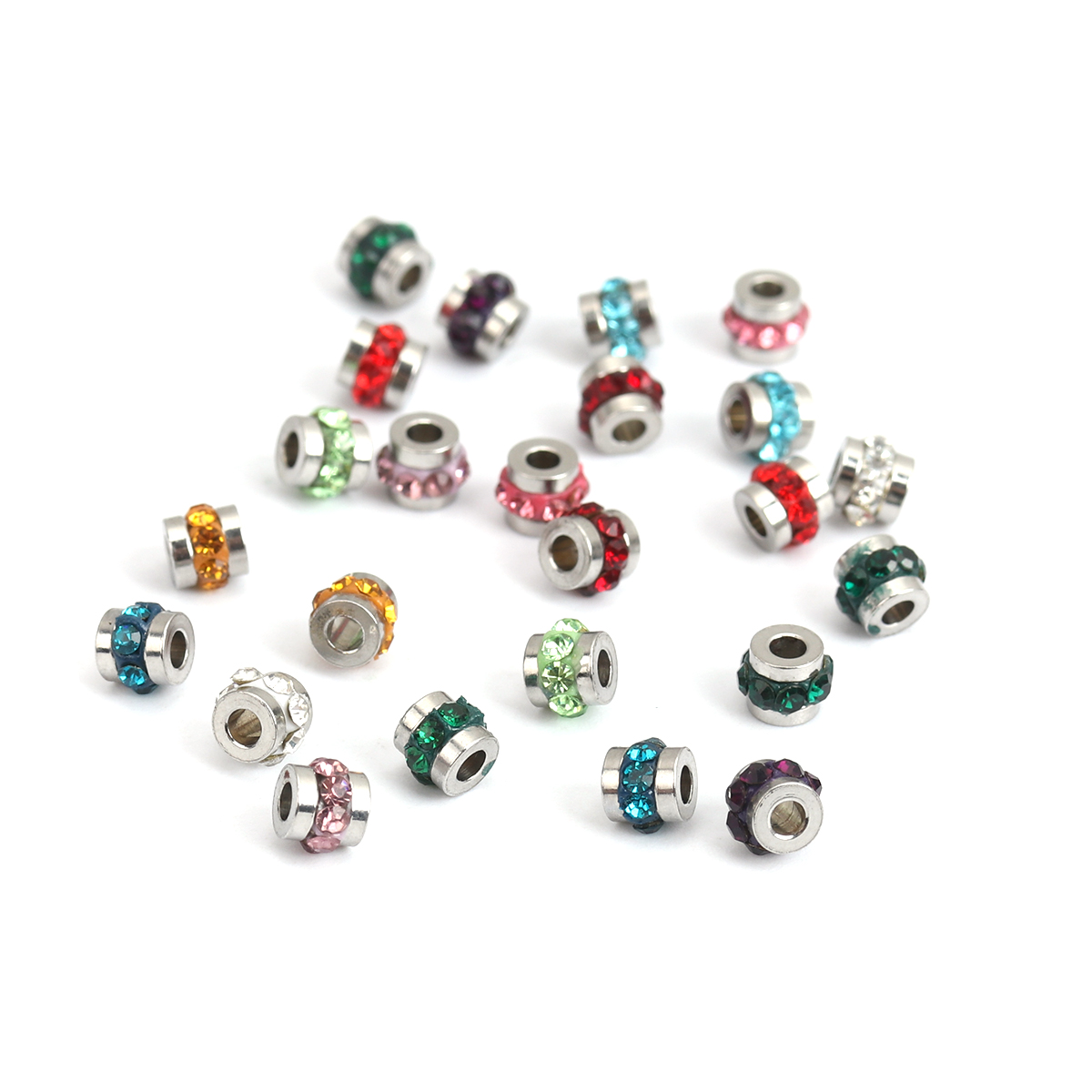 Picture of 304 Stainless Steel Beads Cylinder Silver Tone At Random Mixed Rhinestone 5mm x 4mm, Hole: Approx 1.8mm, 10 PCs