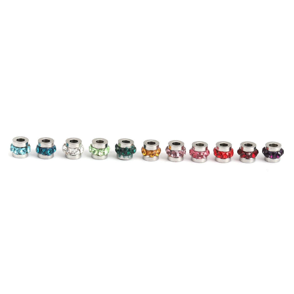 Picture of 304 Stainless Steel Beads Cylinder Silver Tone At Random Mixed Rhinestone 5mm x 4mm, Hole: Approx 1.8mm, 10 PCs