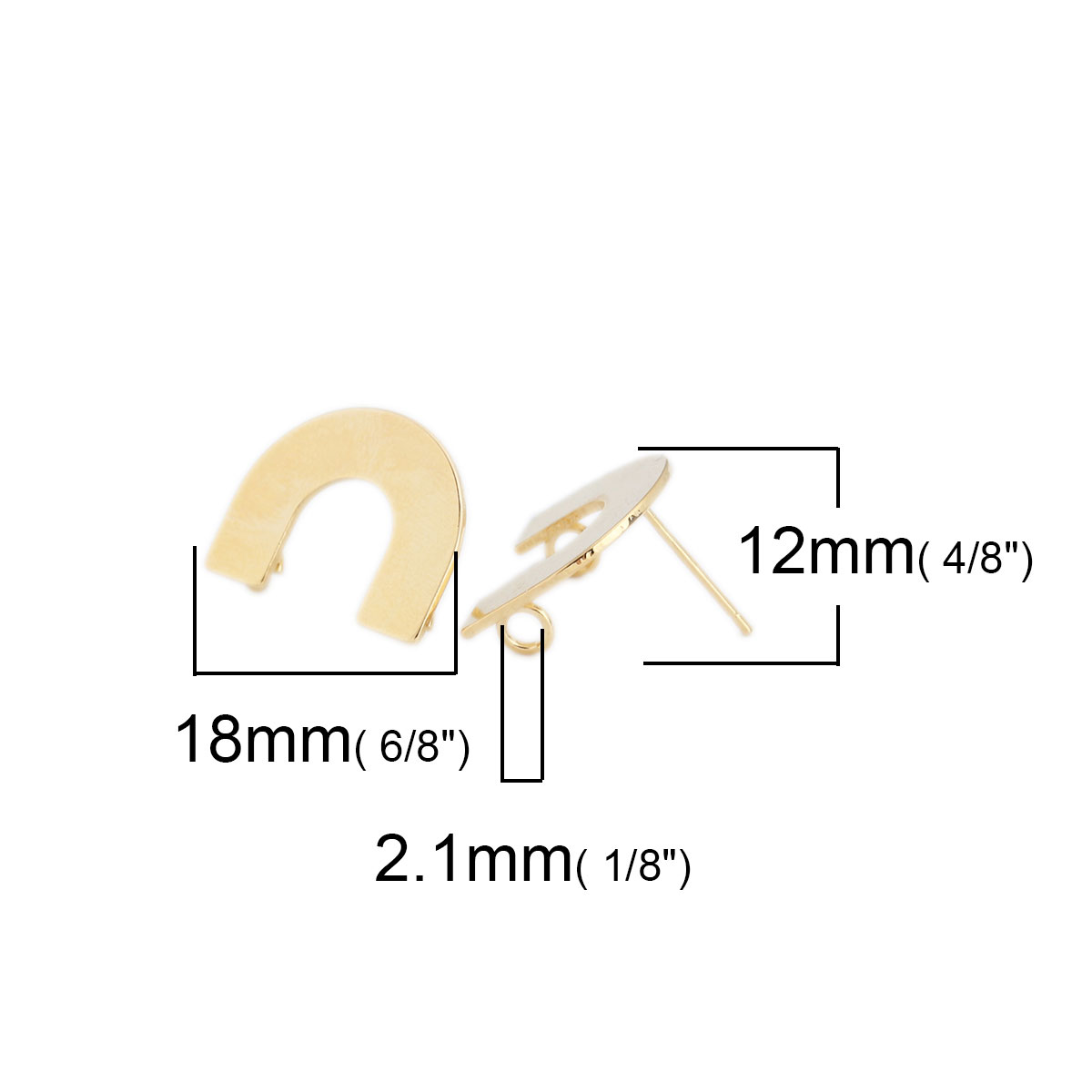 Picture of Brass Ear Post Stud Earrings 18K Real Gold Plated U-shaped W/ Loop 18mm x 15mm, Post/ Wire Size: (20 gauge), 6 PCs