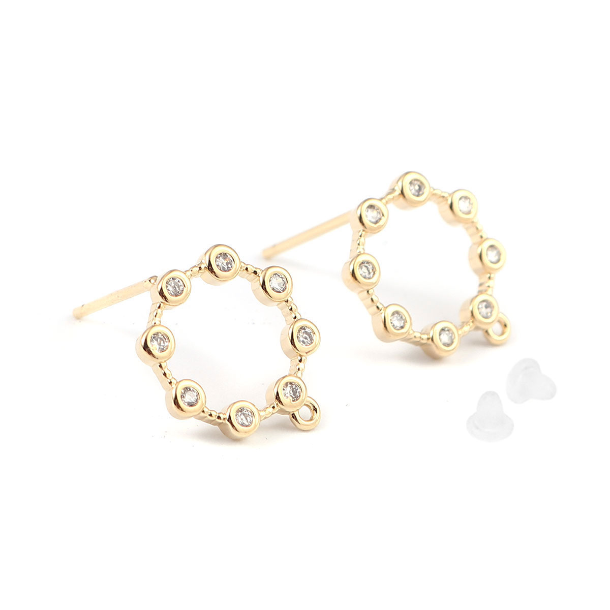 Picture of Brass Ear Post Stud Earrings 18K Real Gold Plated Circle Ring W/ Loop Clear Rhinestone 14mm x 13mm, Post/ Wire Size: (21 gauge), 4 PCs