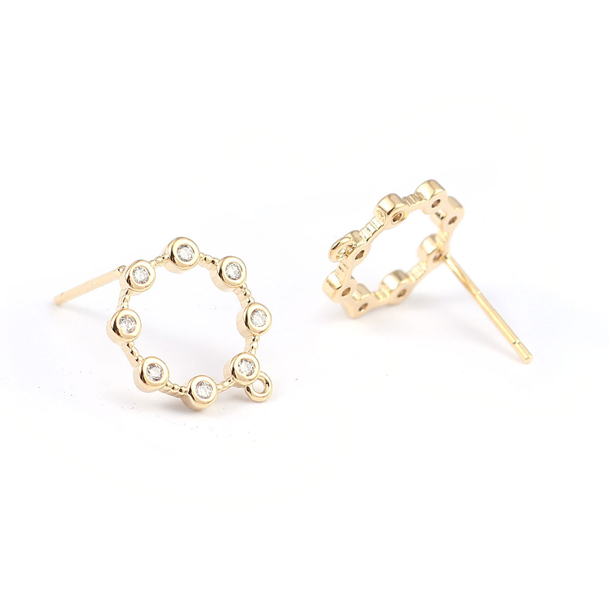 Picture of Brass Ear Post Stud Earrings 18K Real Gold Plated Circle Ring W/ Loop Clear Rhinestone 14mm x 13mm, Post/ Wire Size: (21 gauge), 4 PCs