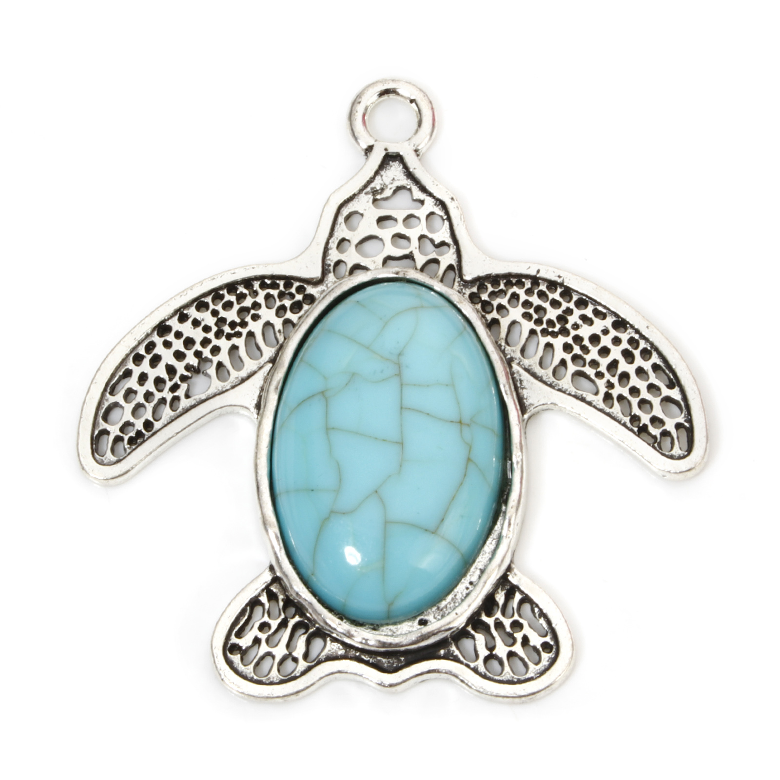 Picture of Zinc Based Alloy & Resin Boho Chic Bohemia Pendants Sea Turtle Animal Antique Silver Color Green Blue Imitation Turquoise 5.5cm x 5.4cm, 2 PCs