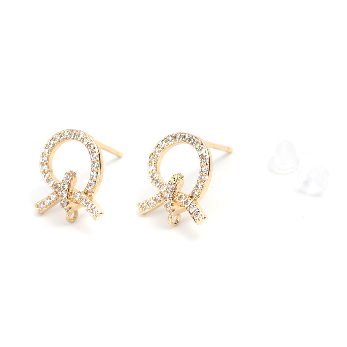 Picture of Brass Micro Pave Ear Post Stud Earrings 18K Real Gold Plated Knot W/ Loop Clear Rhinestone 13mm x 11mm, Post/ Wire Size: (20 gauge), 4 PCs