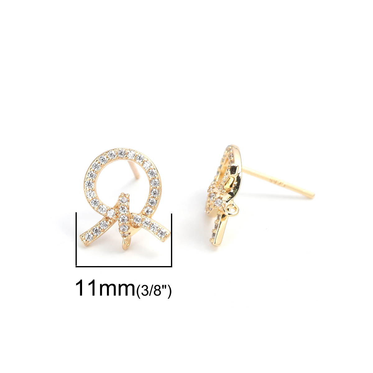 Picture of Brass Micro Pave Ear Post Stud Earrings 18K Real Gold Plated Knot W/ Loop Clear Rhinestone 13mm x 11mm, Post/ Wire Size: (20 gauge), 4 PCs