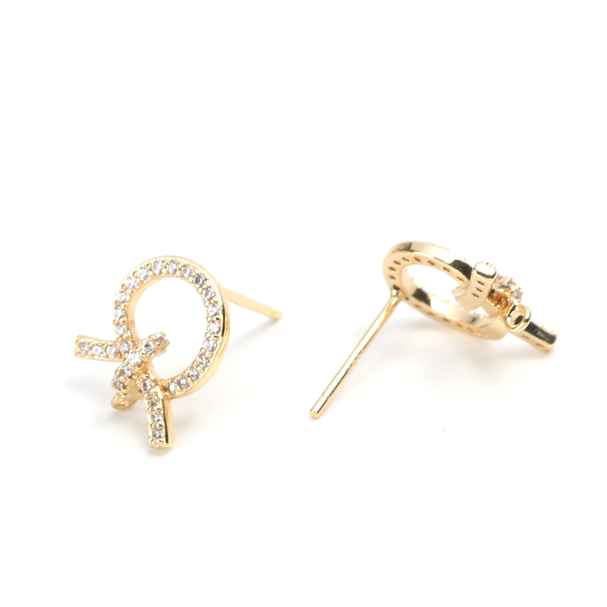 Picture of Brass Micro Pave Ear Post Stud Earrings 18K Real Gold Plated Knot W/ Loop Clear Rhinestone 13mm x 11mm, Post/ Wire Size: (20 gauge), 4 PCs