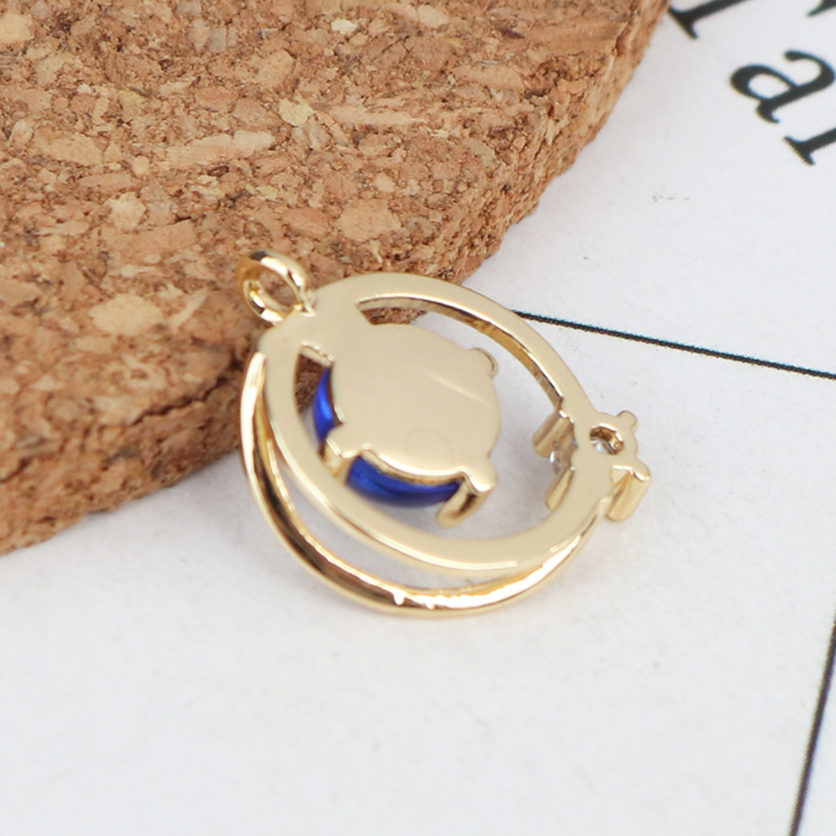Picture of Brass Galaxy Charms 18K Real Gold Plated Blue Planet Clear Rhinestone 15mm x 12mm, 1 Piece