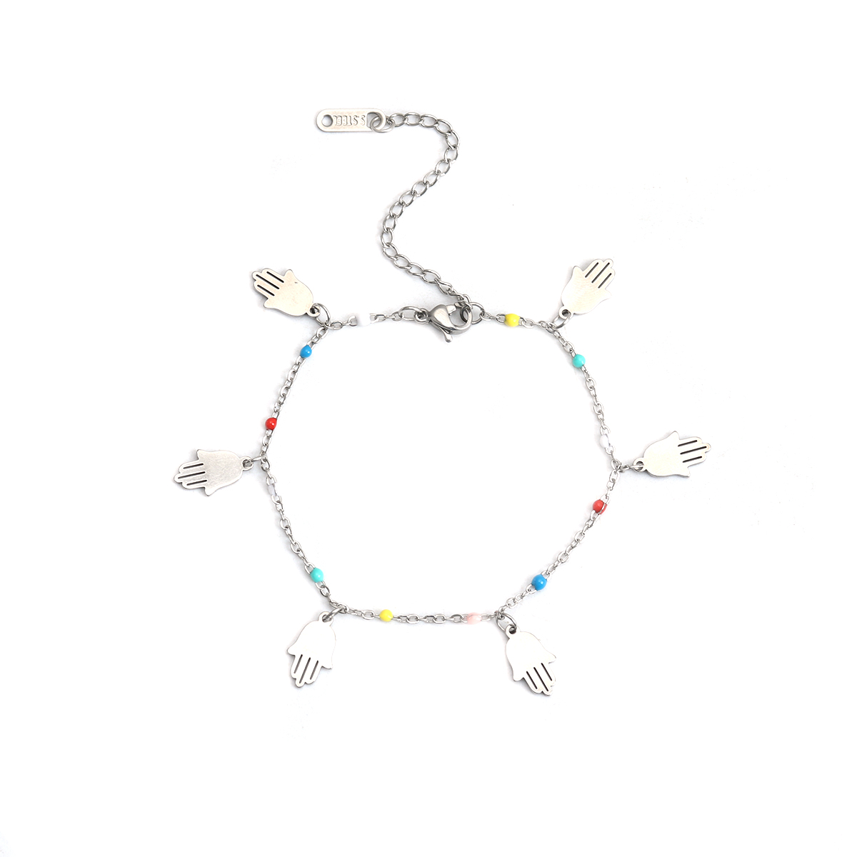 Picture of Stainless Steel Charm Bracelets Silver Tone Multicolor Hamsa Symbol Hand Enamel 17.5cm(6 7/8") long, 1 Piece