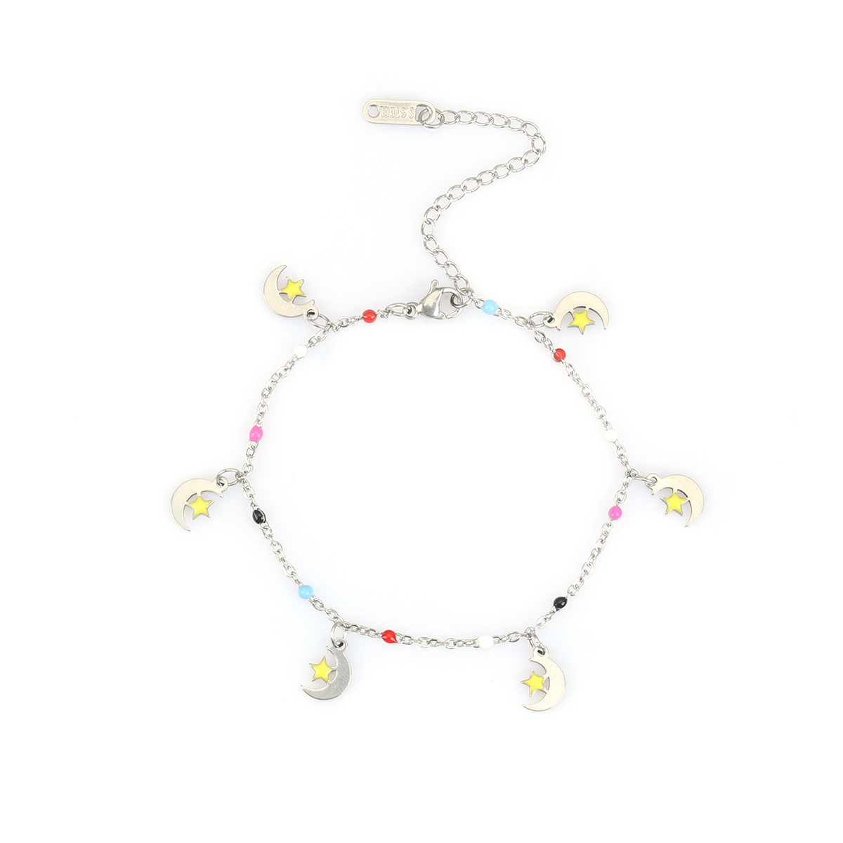 Immagine di Acciaio Inossidabile Braccialetti Tono Argento Multicolore Luna Stella Smalto 17.5cm Lunghezza, 1 Pz