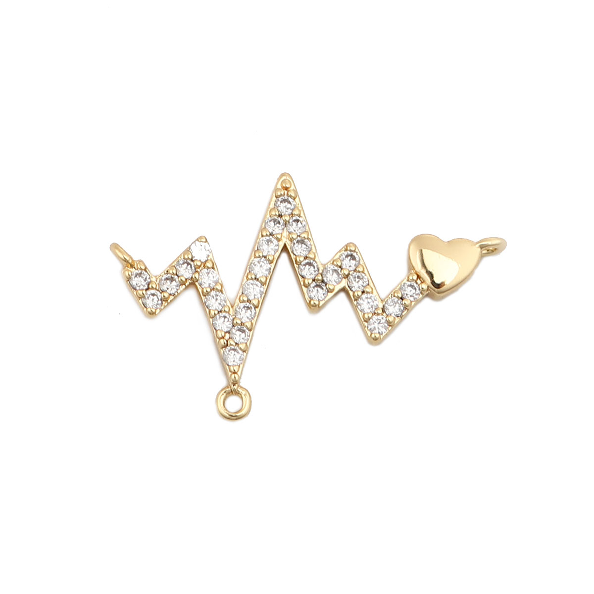 Picture of Brass Connectors Heart 18K Real Gold Plated Heartbeat/ Electrocardiogram Clear Rhinestone 20mm x 13mm, 2 PCs