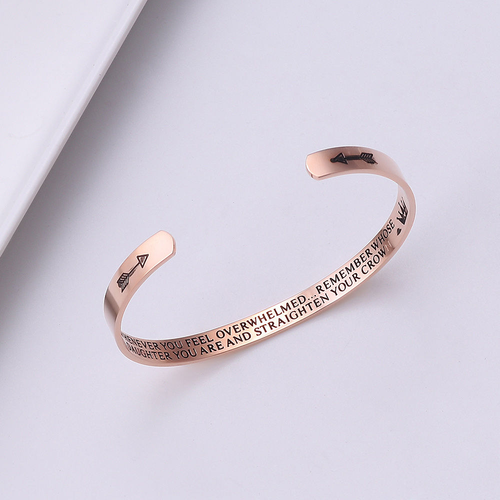 Picture of Stainless Steel Open Cuff Bangles Bracelets Rose Gold Lowercase Letter Arrowhead Corrosion 20cm(7 7/8") long, 1 Piece