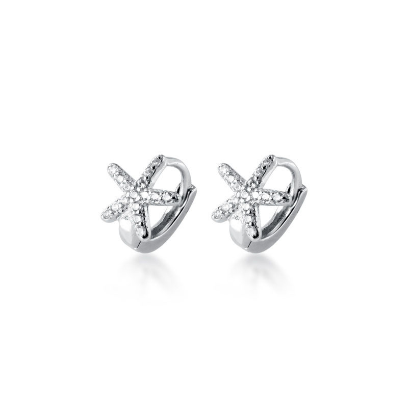 Picture of Sterling Silver Hoop Earrings Silver Color Starfish Clear Rhinestone 8mm, 1 Pair